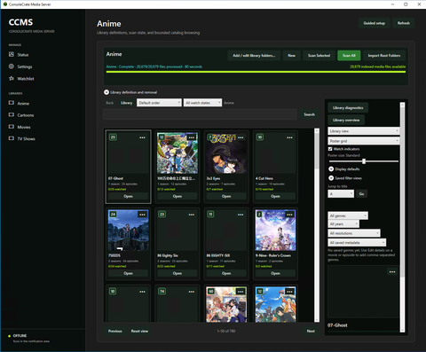 Actual ConsoleCrate Media Server Library screen. The CCMS Library view combines poster browsing, scan progress, search, filters and library controls.