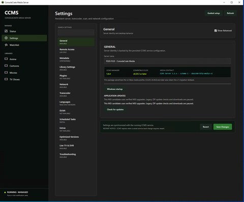 Actual ConsoleCrate Media Server Settings screen. The CCMS Settings view groups general, library, network, transcoder and related configuration pages.