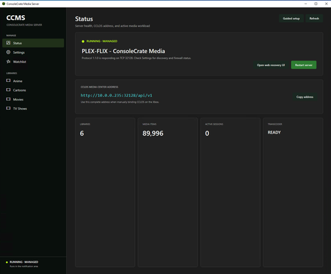 Actual ConsoleCrate Media Server Status screen. The CCMS Status view shows service state, connection details, library and media totals, active sessions and transcoder status.