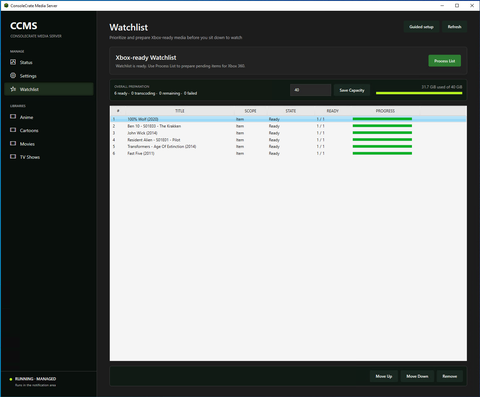 Actual ConsoleCrate Media Server Watchlist screen. The CCMS Watchlist view shows queued media, preparation state, capacity use and ordering controls.