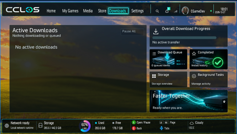 Actual CCLOS Downloads screen. The Downloads screen shows active transfers, queue, completed items, storage and background-task navigation.