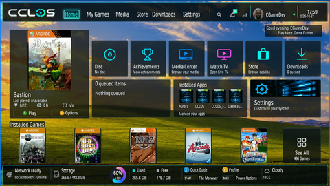 Actual CCLOS Home screen. The Home dashboard brings games, quick actions, installed apps and console status into view.