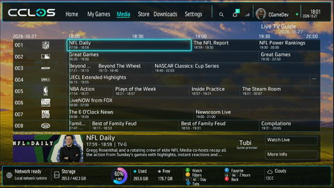 Actual CCLOS Live TV screen. The Live TV guide displays channel rows, programme time slots and details for the selected show.