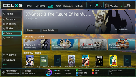 Actual CCLOS Media Center screen. The Media Center shows media categories, featured content, Continue Watching and Recently Added rows.