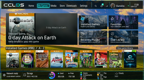 Actual CCLOS My Games screen. The My Games screen shows installed titles, favourites, recently played games and library navigation.