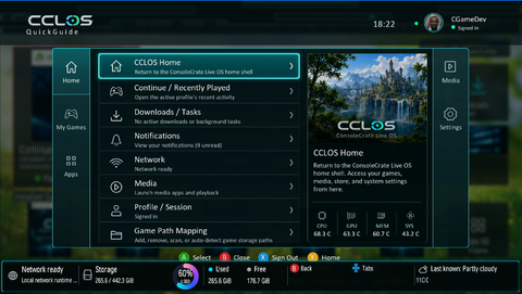 Actual CCLOS Quick Guide screen. The Quick Guide overlay brings together Home, recent activity, downloads, notifications, network, media, profile and system status.