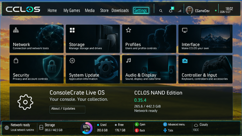 Actual CCLOS Settings screen. Settings brings network, storage, profiles, interface, security, updates, audio and controller options together.