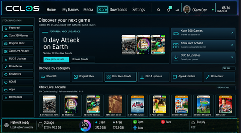 Actual CCLOS Store screen. The updated Store brings a category sidebar, featured games, category shortcuts and a paged nine-cover row together on translucent glass panels.